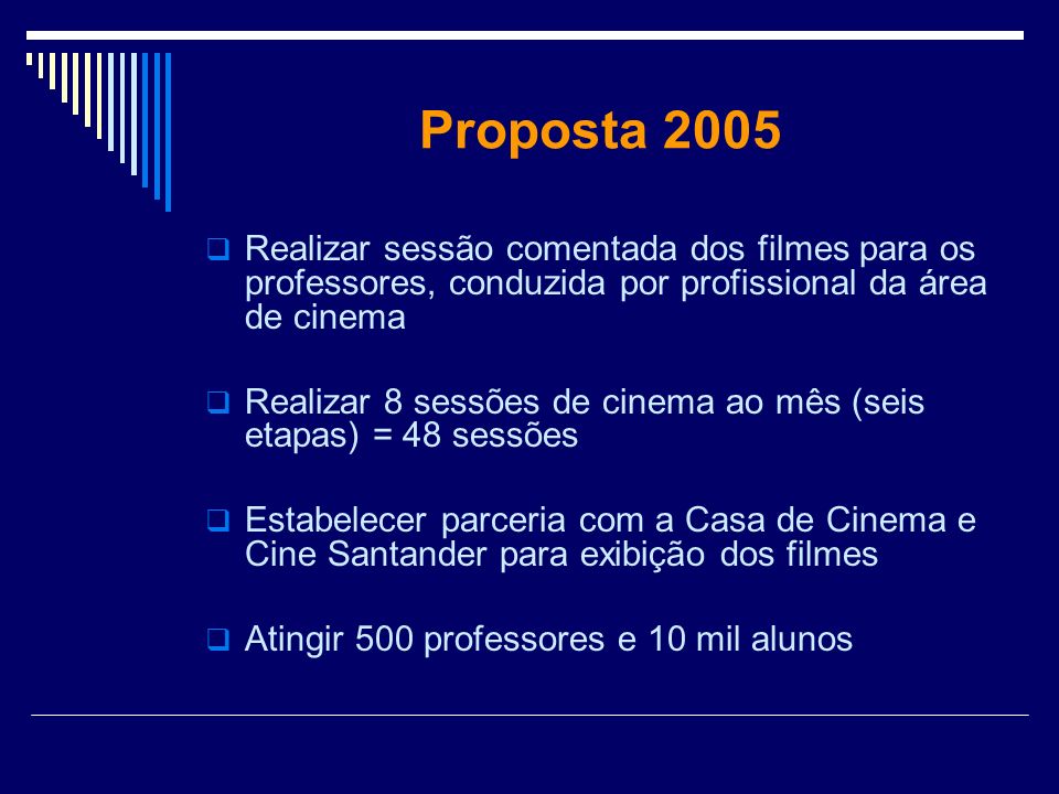Proposta 2005 Realizar sessão comentada dos filmes para os professores, conduzida por profissional da área de cinema.