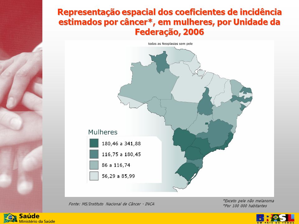 Representação espacial dos coeficientes de incidência estimados por câncer*, em mulheres, por Unidade da Federação, 2006