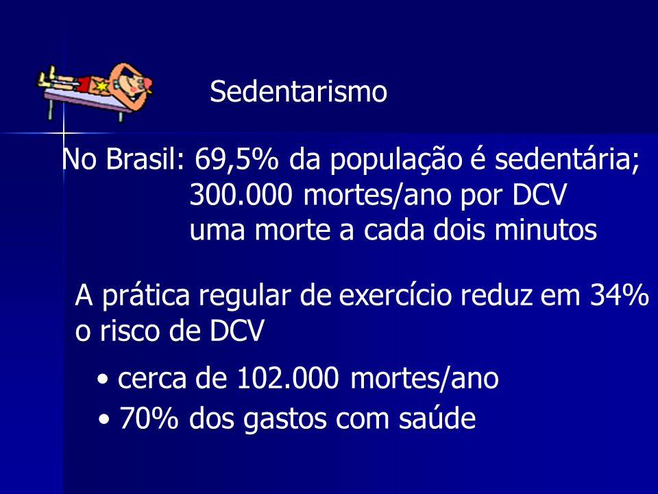 Sedentarismo No Brasil: 69,5% da população é sedentária; mortes/ano por DCV. uma morte a cada dois minutos.
