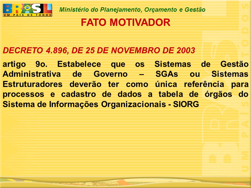 FATO MOTIVADOR DECRETO 4.896, DE 25 DE NOVEMBRO DE 2003