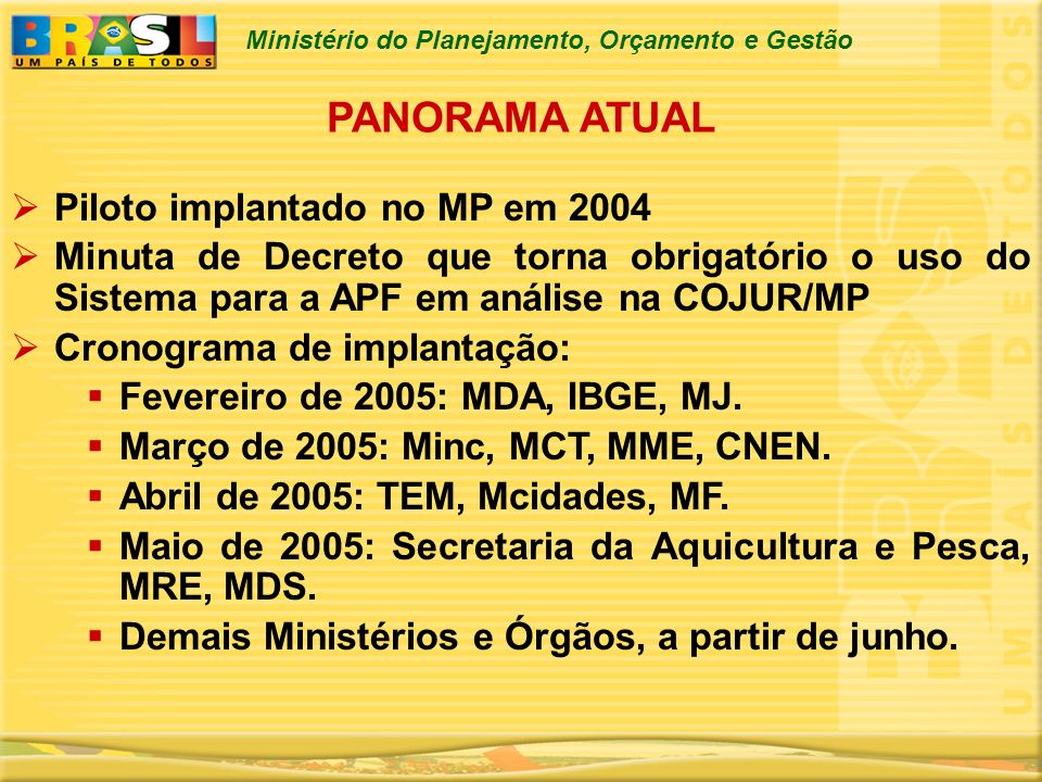PANORAMA ATUAL Piloto implantado no MP em 2004
