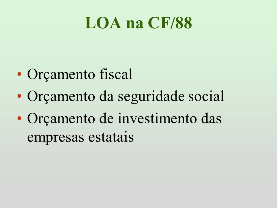 LOA na CF/88 Orçamento fiscal Orçamento da seguridade social