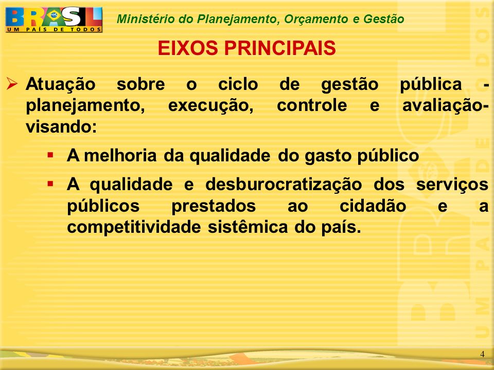 EIXOS PRINCIPAIS Atuação sobre o ciclo de gestão pública - planejamento, execução, controle e avaliação- visando: