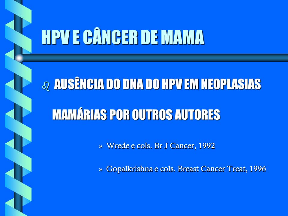 HPV E CÂNCER DE MAMA AUSÊNCIA DO DNA DO HPV EM NEOPLASIAS MAMÁRIAS POR OUTROS AUTORES. Wrede e cols. Br J Cancer,