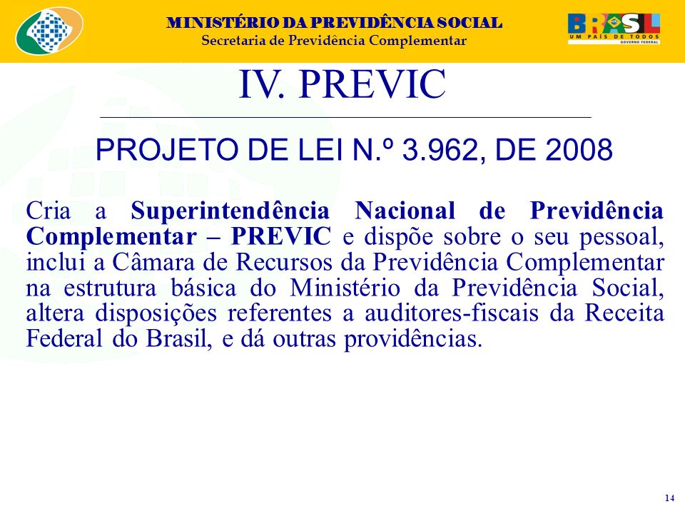 IV. PREVIC PROJETO DE LEI N.º 3.962, DE 2008