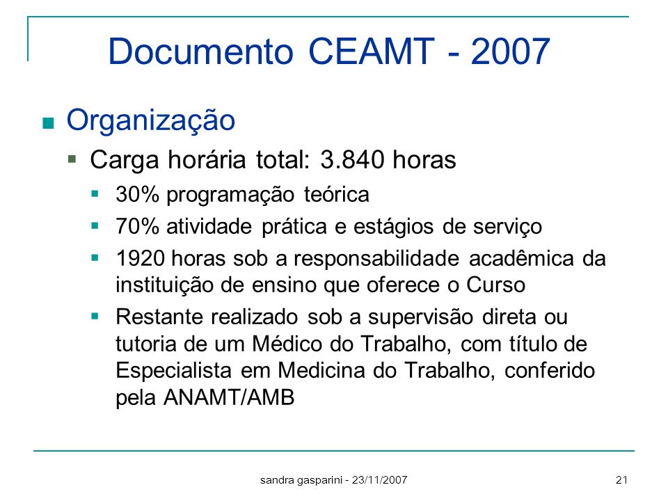 Documento CEAMT Organização Carga horária total: horas