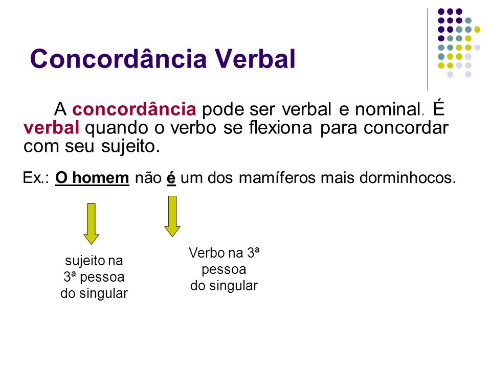 Concordância Verbal A concordância pode ser verbal e nominal. É verbal quando o verbo se flexiona para concordar com seu sujeito.