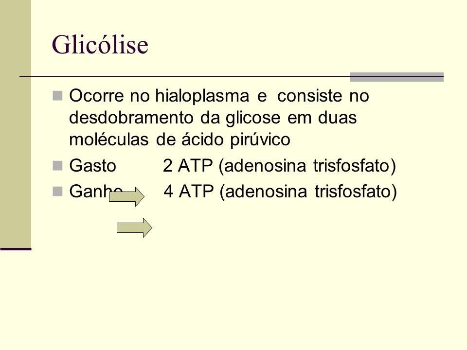 Glicólise Ocorre no hialoplasma e consiste no desdobramento da glicose em duas moléculas de ácido pirúvico.