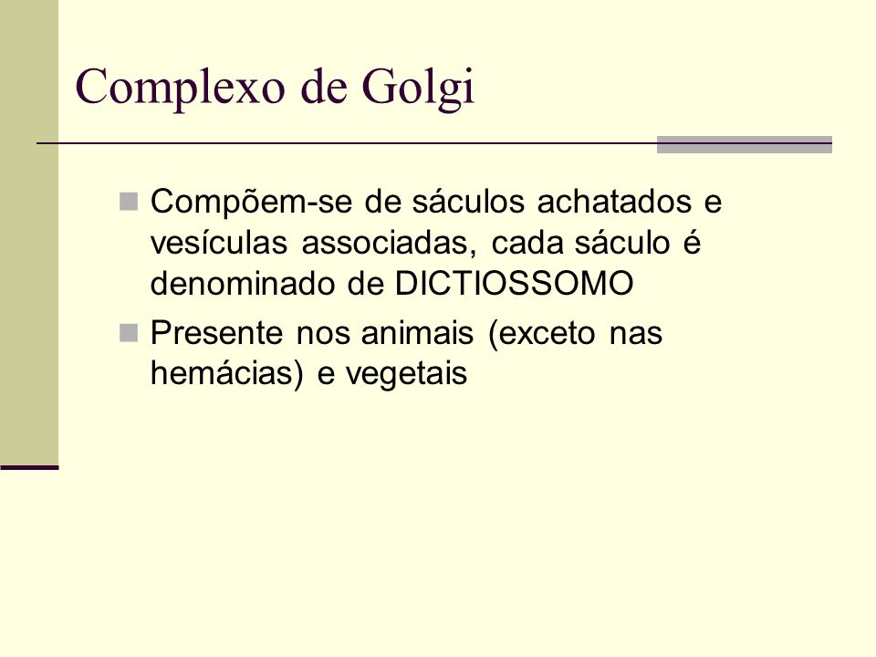 Complexo de Golgi Compõem-se de sáculos achatados e vesículas associadas, cada sáculo é denominado de DICTIOSSOMO.