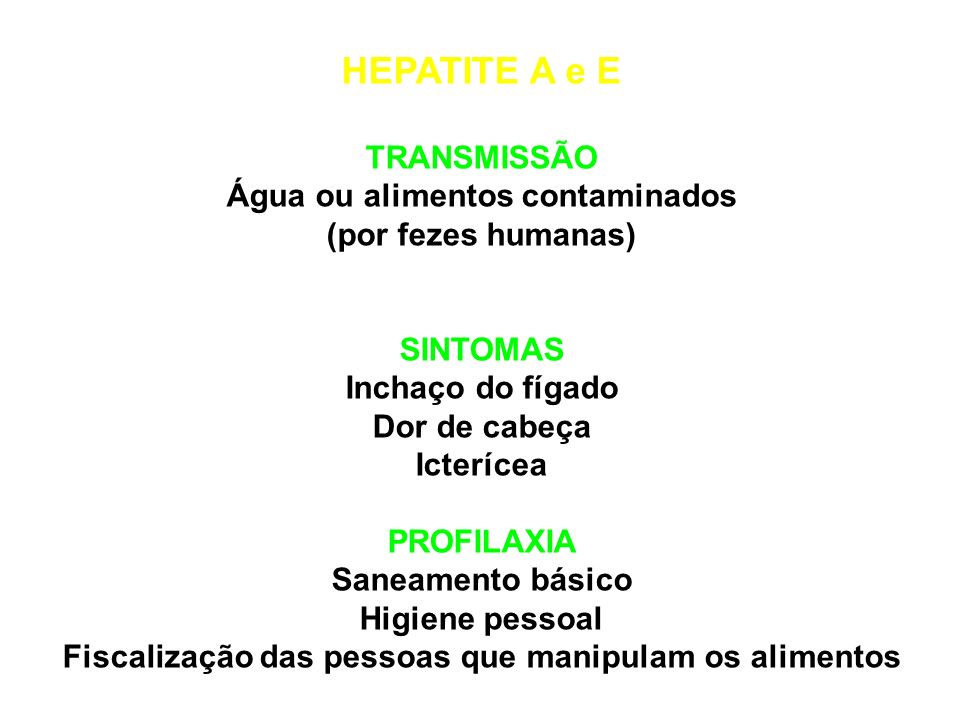 HEPATITE A e E TRANSMISSÃO Água ou alimentos contaminados