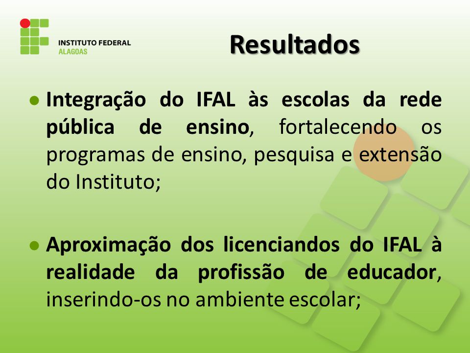 Resultados Integração do IFAL às escolas da rede pública de ensino, fortalecendo os programas de ensino, pesquisa e extensão do Instituto;