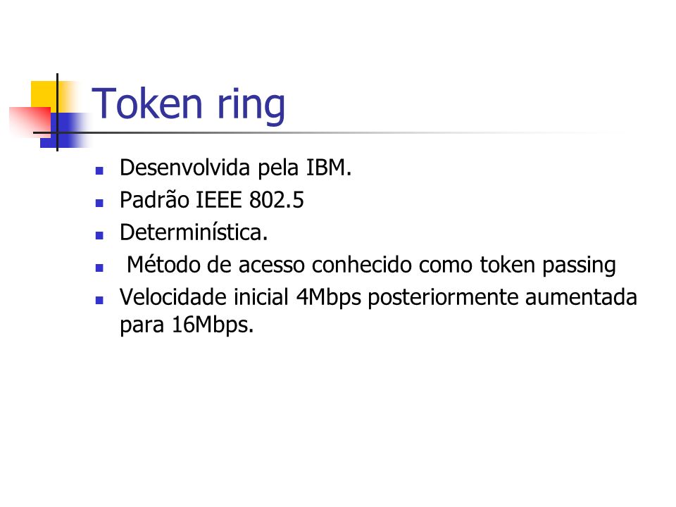 Token ring Desenvolvida pela IBM. Padrão IEEE Determinística.