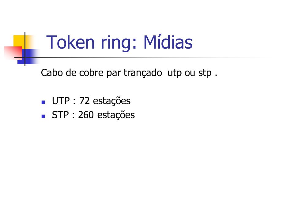 Token ring: Mídias Cabo de cobre par trançado utp ou stp .