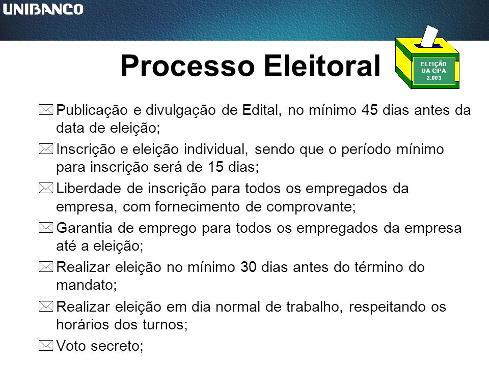 Processo Eleitoral Publicação e divulgação de Edital, no mínimo 45 dias antes da data de eleição;