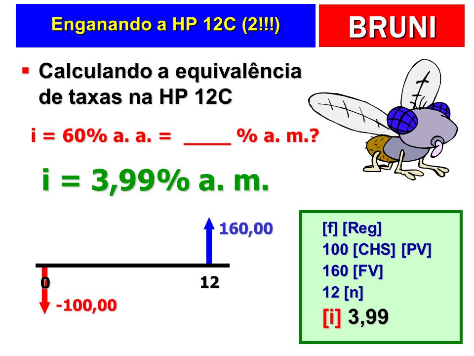 i = 3,99% a. m. Calculando a equivalência de taxas na HP 12C [i] 3,99