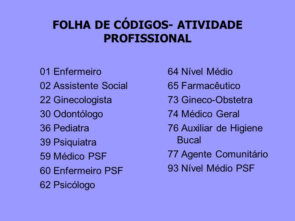 FOLHA DE CÓDIGOS- ATIVIDADE PROFISSIONAL