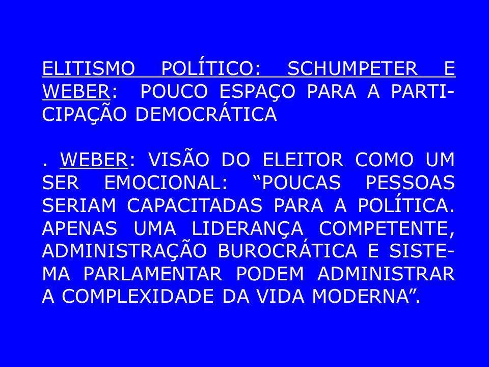ELITISMO POLÍTICO: SCHUMPETER E WEBER: POUCO ESPAÇO PARA A PARTI-CIPAÇÃO DEMOCRÁTICA