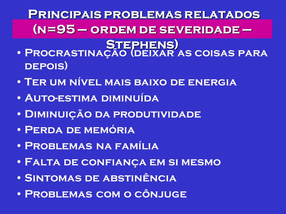 Principais problemas relatados (n=95 – ordem de severidade – Stephens)