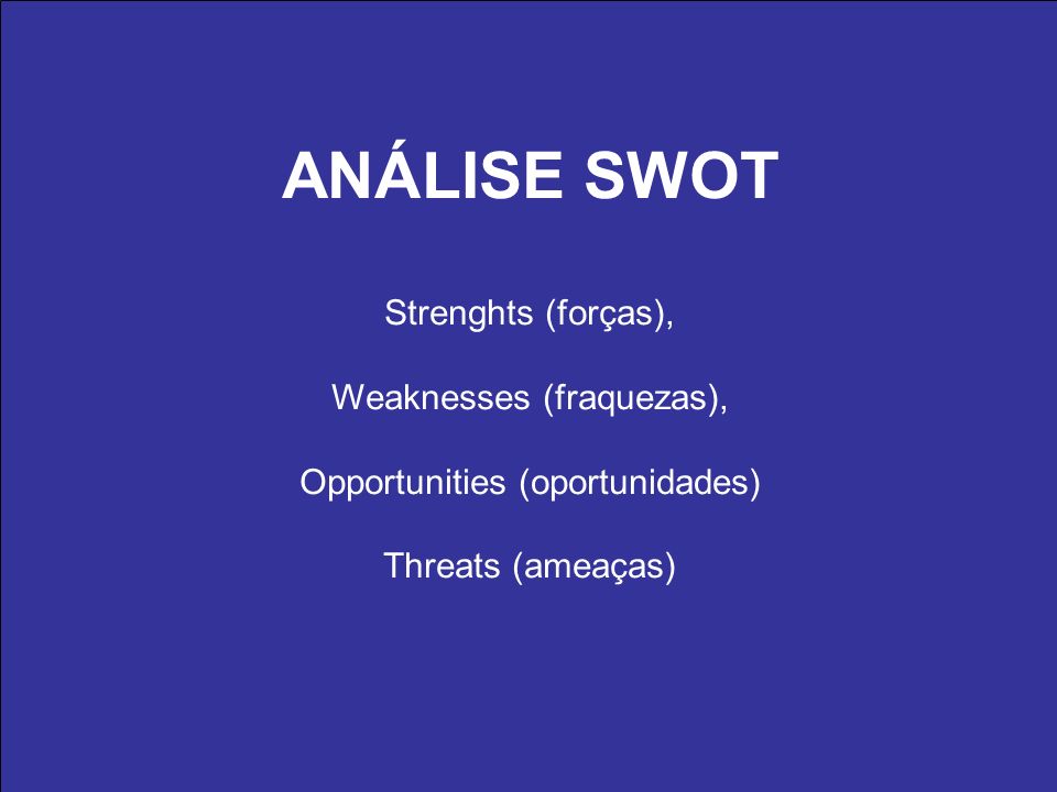 ANÁLISE SWOT Strenghts (forças), Weaknesses (fraquezas), Opportunities (oportunidades) Threats (ameaças)