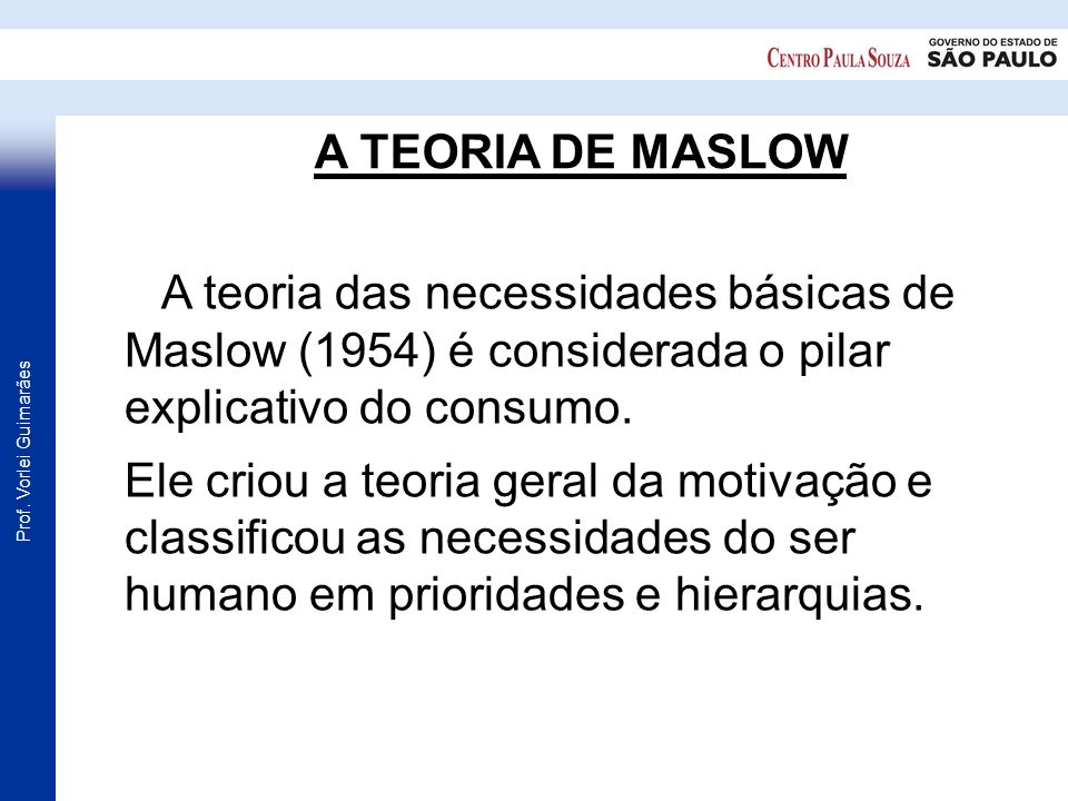 A TEORIA DE MASLOW A teoria das necessidades básicas de Maslow (1954) é considerada o pilar explicativo do consumo.