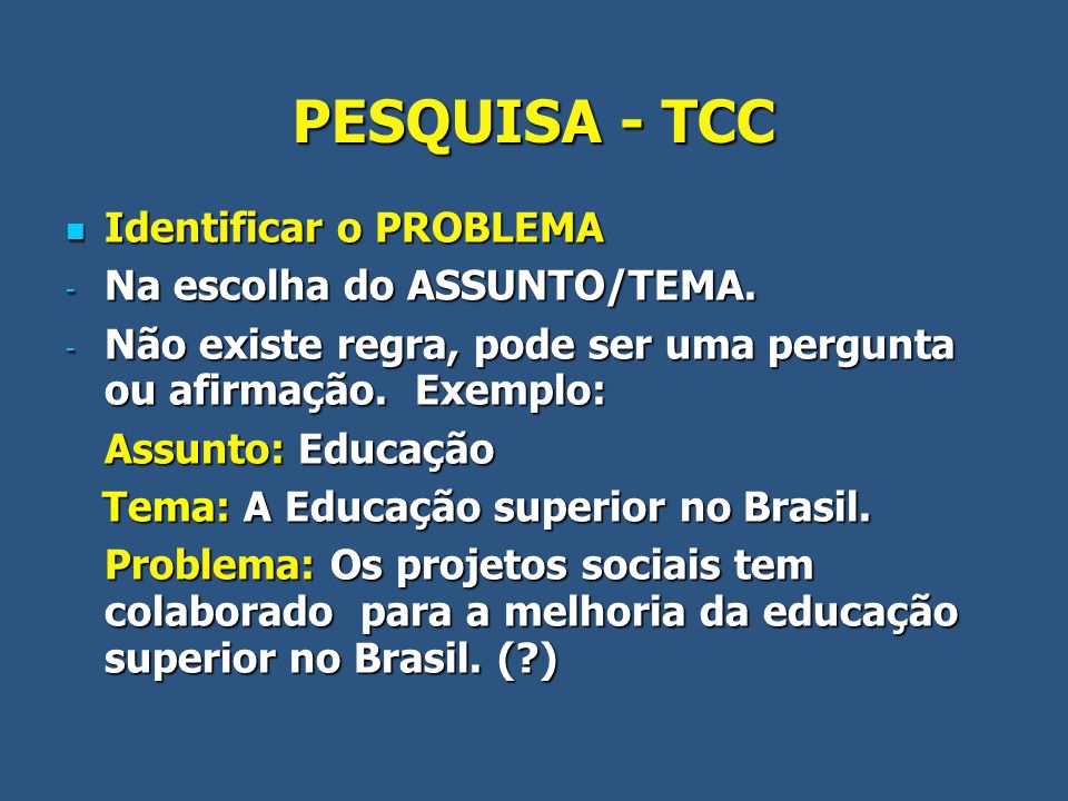 PESQUISA - TCC Identificar o PROBLEMA Na escolha do ASSUNTO/TEMA.