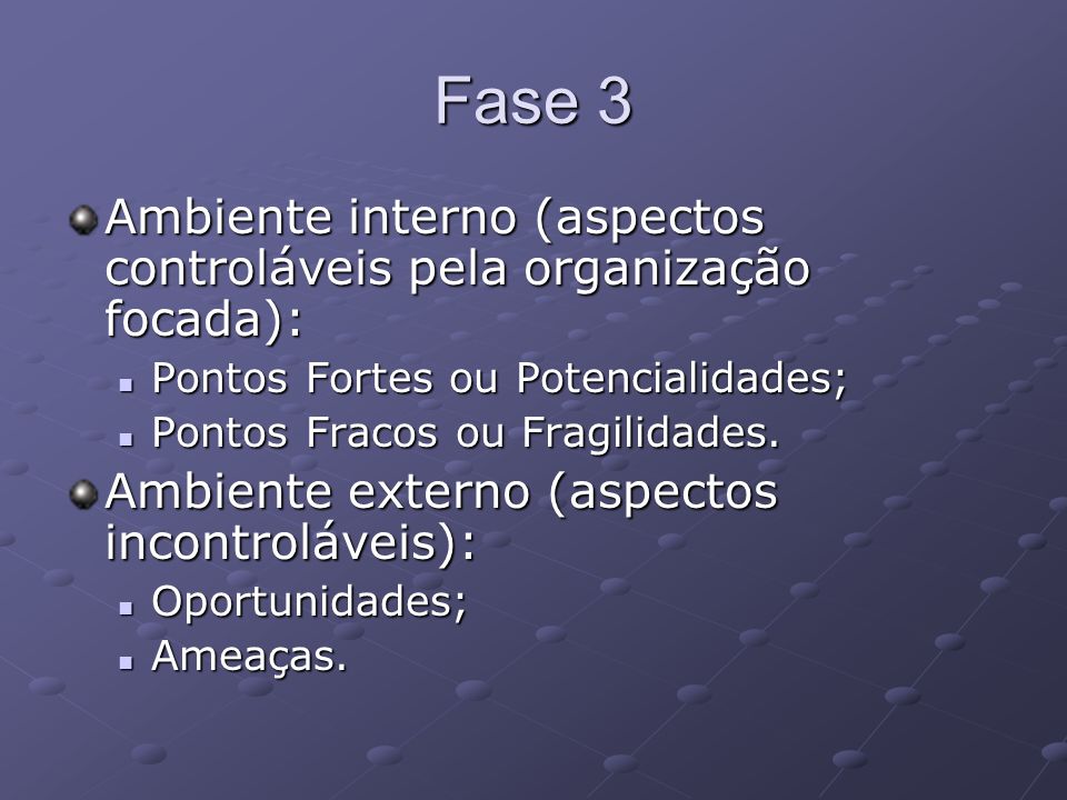 Fase 3 Ambiente interno (aspectos controláveis pela organização focada): Pontos Fortes ou Potencialidades;