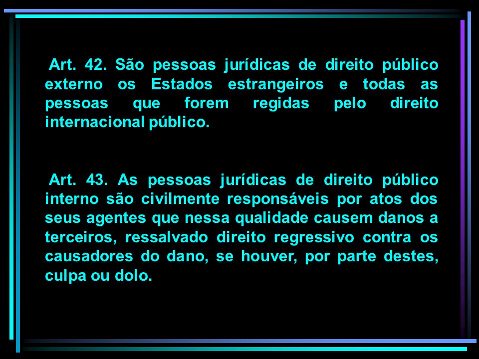 Art. 42. São pessoas jurídicas de direito público externo os Estados estrangeiros e todas as pessoas que forem regidas pelo direito internacional público.