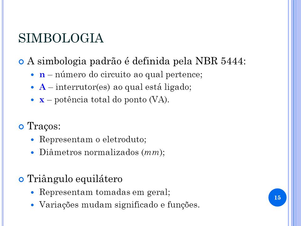 SIMBOLOGIA A simbologia padrão é definida pela NBR 5444: Traços: