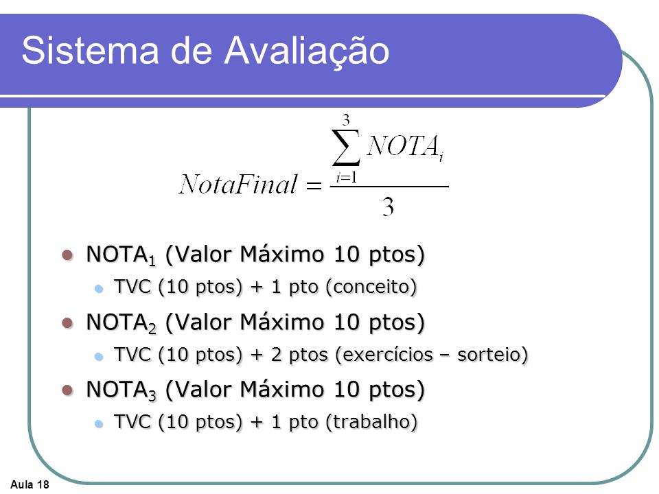 Sistema de Avaliação NOTA1 (Valor Máximo 10 ptos)