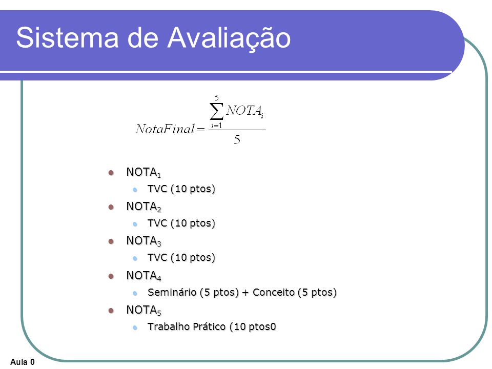 Sistema de Avaliação NOTA1 NOTA2 NOTA3 NOTA4 NOTA5 TVC (10 ptos)