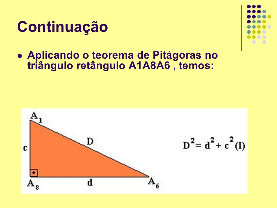 Continuação Aplicando o teorema de Pitágoras no triângulo retângulo A1A8A6 , temos: