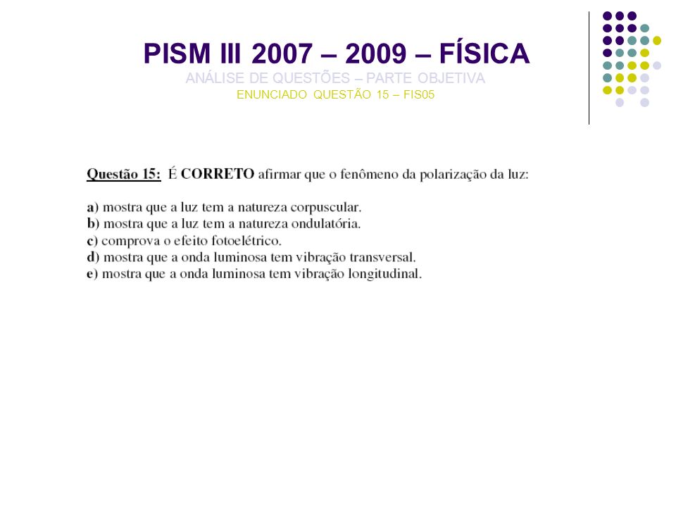PISM III 2007 – 2009 – FÍSICA ANÁLISE DE QUESTÕES – PARTE OBJETIVA ENUNCIADO QUESTÃO 15 – FIS05