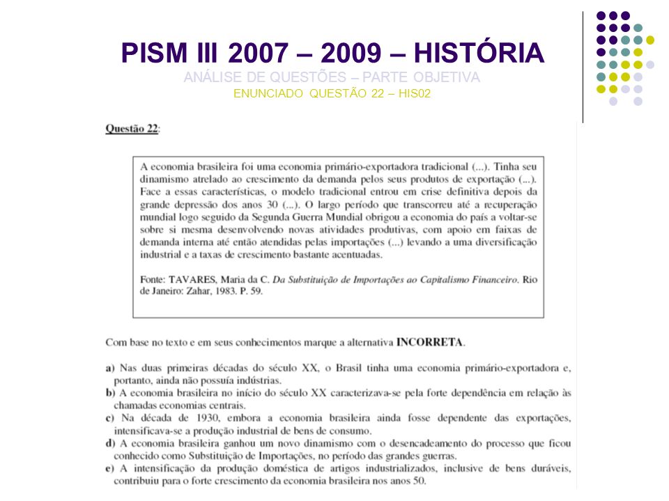PISM III 2007 – 2009 – HISTÓRIA ANÁLISE DE QUESTÕES – PARTE OBJETIVA ENUNCIADO QUESTÃO 22 – HIS02