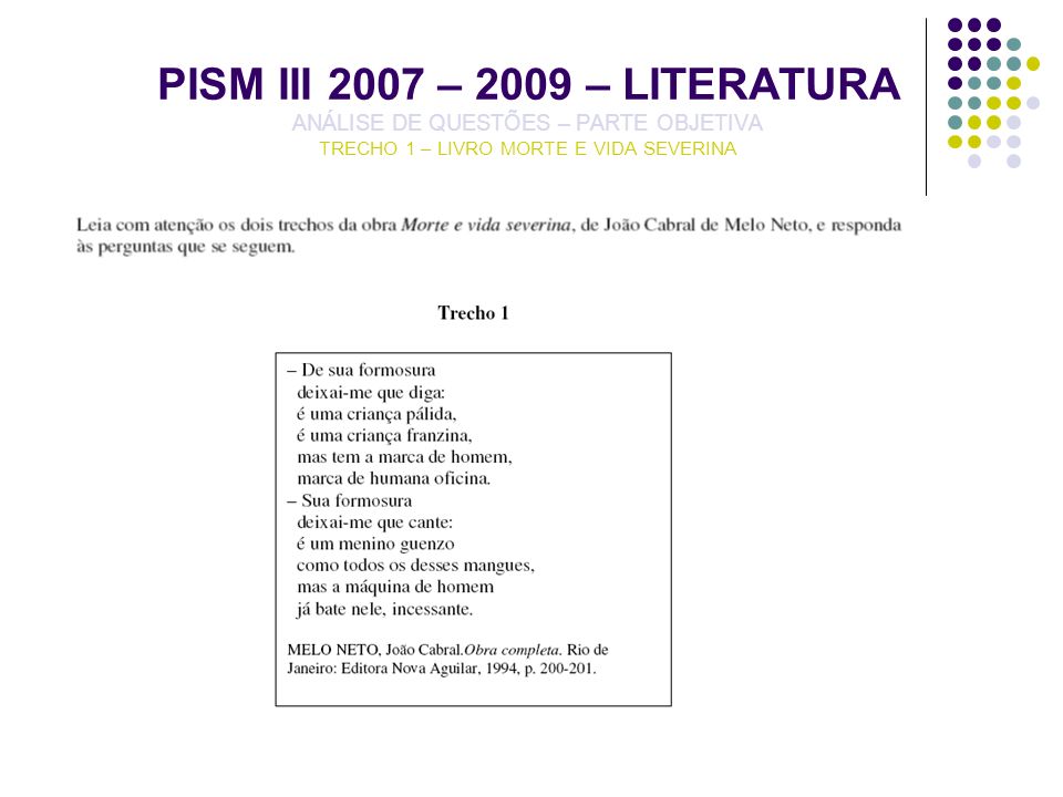 PISM III 2007 – 2009 – LITERATURA ANÁLISE DE QUESTÕES – PARTE OBJETIVA TRECHO 1 – LIVRO MORTE E VIDA SEVERINA