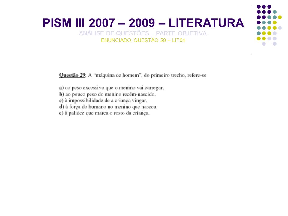 PISM III 2007 – 2009 – LITERATURA ANÁLISE DE QUESTÕES – PARTE OBJETIVA ENUNCIADO QUESTÃO 29 – LIT04