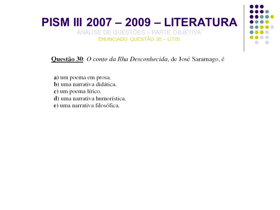 PISM III 2007 – 2009 – LITERATURA ANÁLISE DE QUESTÕES – PARTE OBJETIVA ENUNCIADO QUESTÃO 30 – LIT05