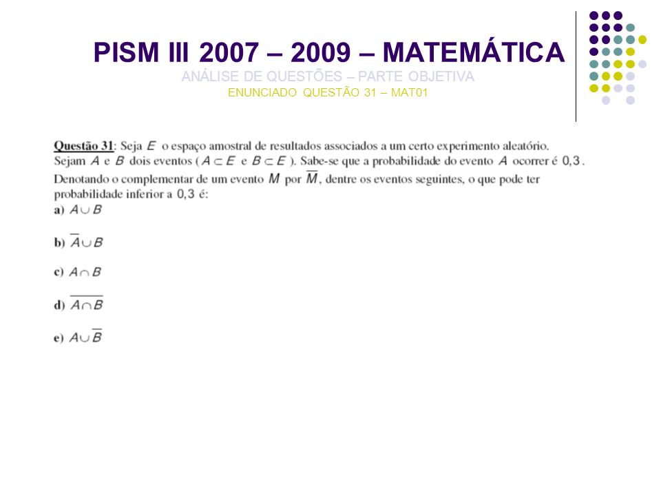 PISM III 2007 – 2009 – MATEMÁTICA ANÁLISE DE QUESTÕES – PARTE OBJETIVA ENUNCIADO QUESTÃO 31 – MAT01