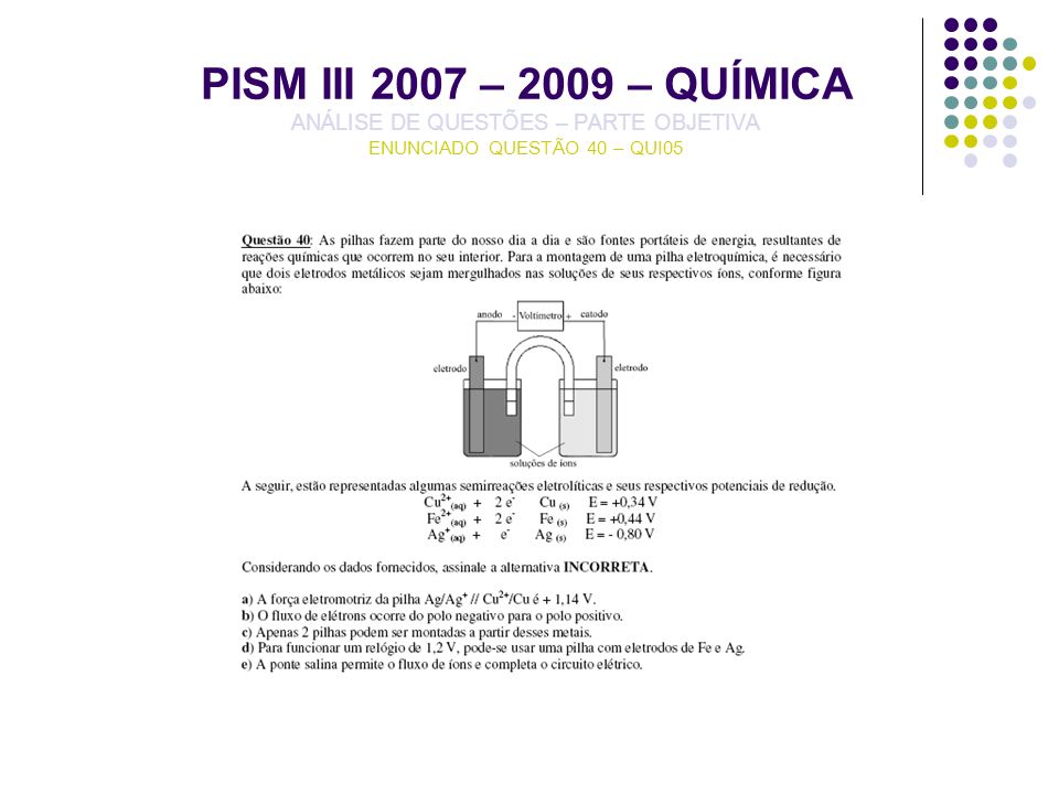 PISM III 2007 – 2009 – QUÍMICA ANÁLISE DE QUESTÕES – PARTE OBJETIVA ENUNCIADO QUESTÃO 40 – QUI05