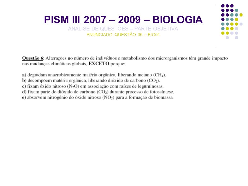 PISM III 2007 – 2009 – BIOLOGIA ANÁLISE DE QUESTÕES – PARTE OBJETIVA ENUNCIADO QUESTÃO 06 – BIO01