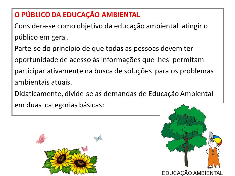 O PÚBLICO DA EDUCAÇÃO AMBIENTAL Considera-se como objetivo da educação ambiental atingir o público em geral.