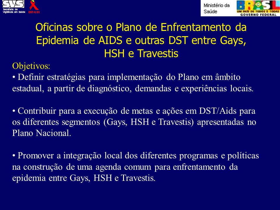 Secretaria de Vigilância em Saúde. Oficinas sobre o Plano de Enfrentamento da Epidemia de AIDS e outras DST entre Gays, HSH e Travestis.