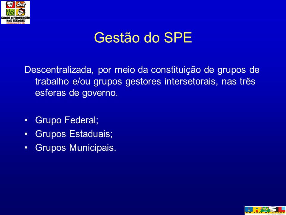 Gestão do SPE Descentralizada, por meio da constituição de grupos de trabalho e/ou grupos gestores intersetorais, nas três esferas de governo.