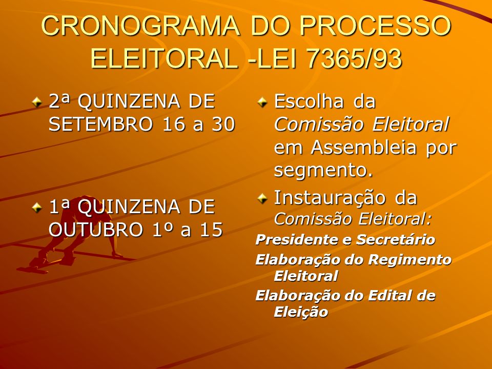 CRONOGRAMA DO PROCESSO ELEITORAL -LEI 7365/93