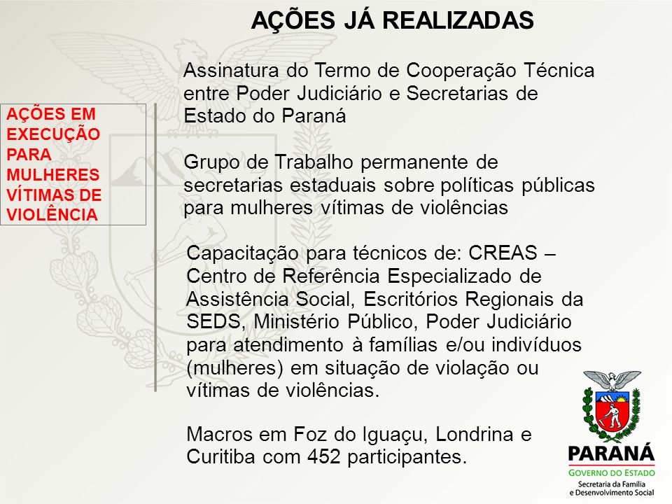 AÇÕES JÁ REALIZADAS Assinatura do Termo de Cooperação Técnica entre Poder Judiciário e Secretarias de Estado do Paraná.