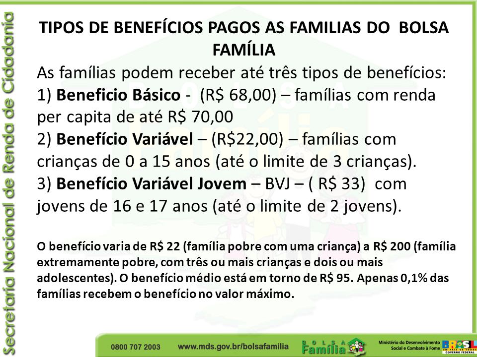 TIPOS DE BENEFÍCIOS PAGOS AS FAMILIAS DO BOLSA FAMÍLIA