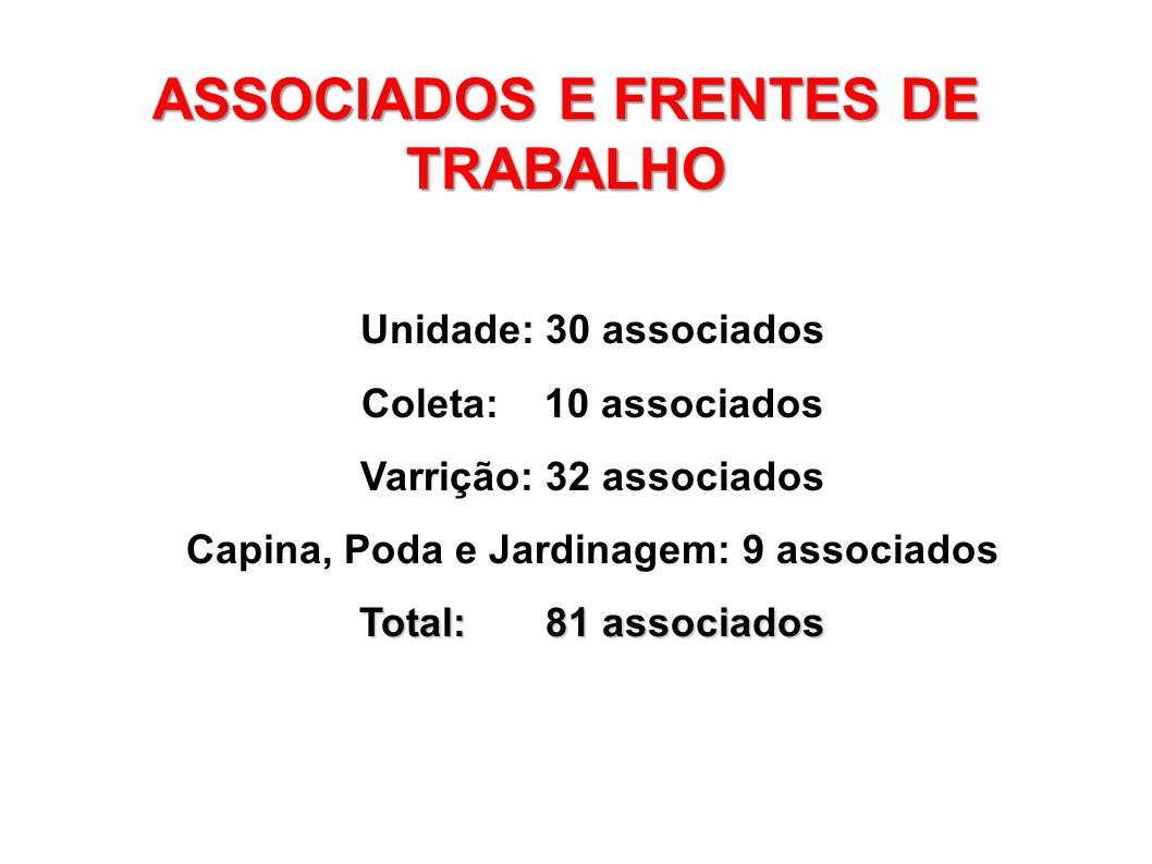 ASSOCIADOS E FRENTES DE TRABALHO