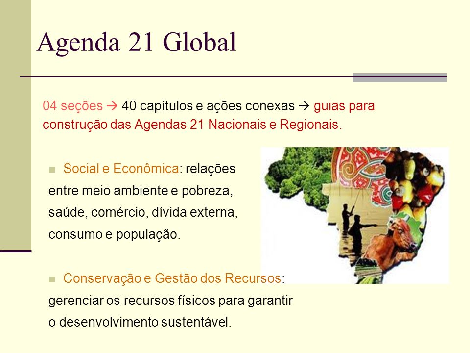 Agenda 21 Global 04 seções  40 capítulos e ações conexas  guias para construção das Agendas 21 Nacionais e Regionais.