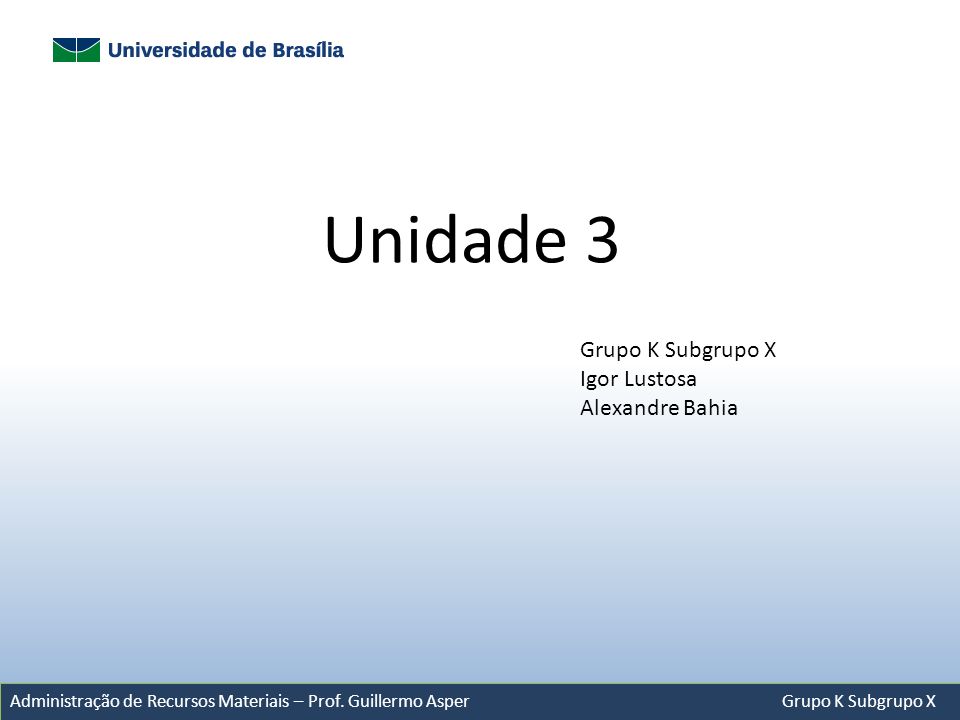 Unidade 3 Grupo K Subgrupo X Igor Lustosa Alexandre Bahia