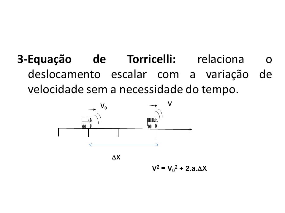 Física, 1º Ano Cinemática. 3-Equação de Torricelli: relaciona o deslocamento escalar com a variação de velocidade sem a necessidade do tempo.