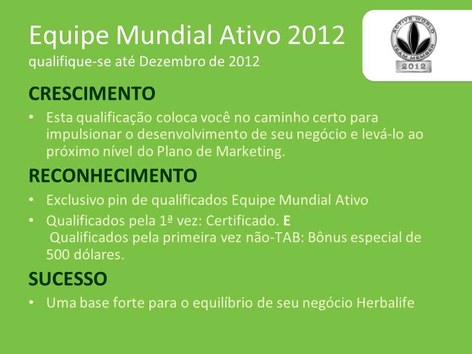 Equipe Mundial Ativo 2012 qualifique-se até Dezembro de 2012